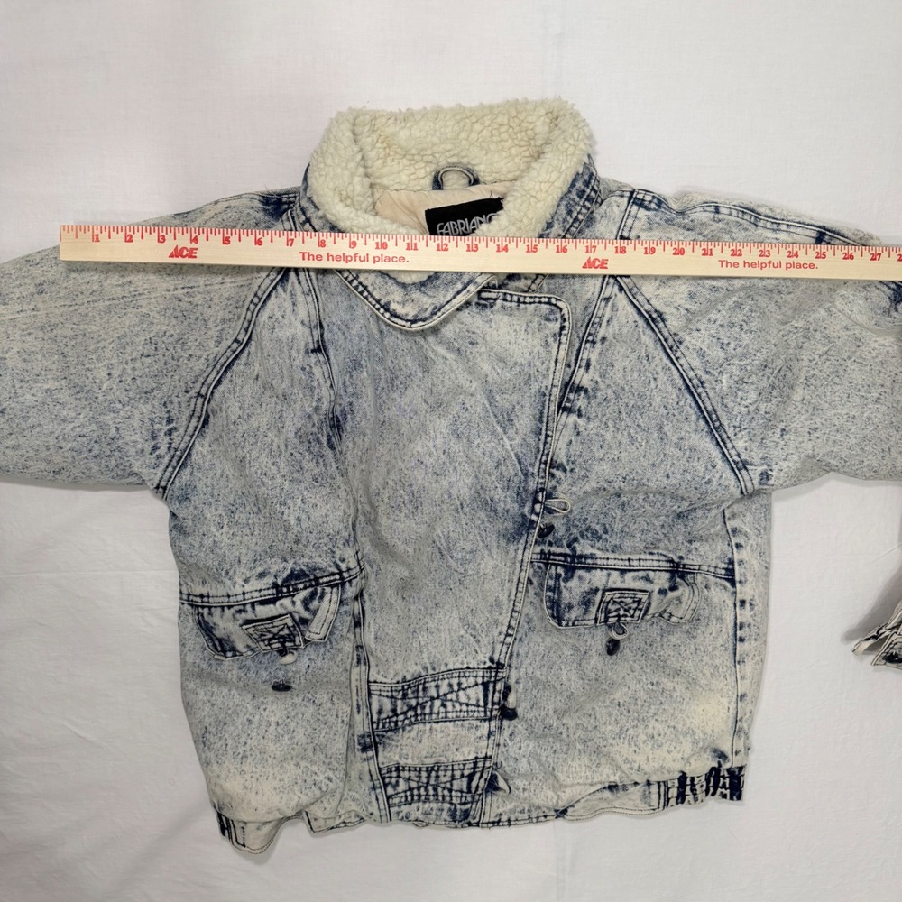 Vintage 80s Fabriano Acid Wash Denim Sherpa Bomber Jacket Womens L Cropped 90s - Picture 7 of 8